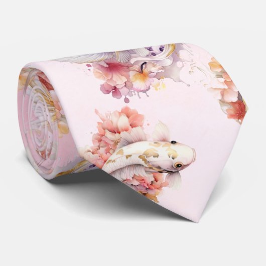 ピンクウォーター色金ゴールドコイ魚フローラ ネクタイ (ロール)