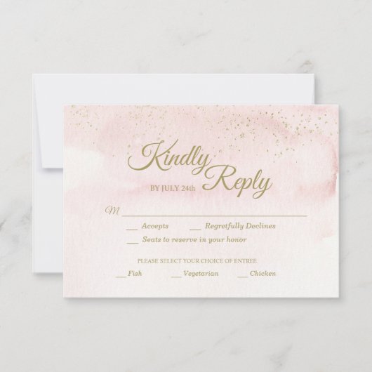 ピンクウォーター色金ゴールド結婚タイプの食事の選択 出欠カード (正面)