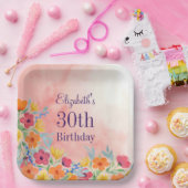 ピンクウォーター花模様30th Birthday ペーパープレート (パーティー)