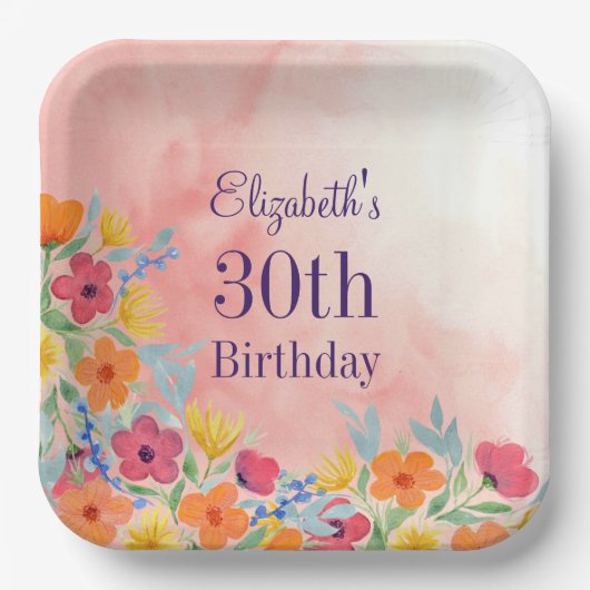 ピンクウォーター花模様30th Birthday ペーパープレート (正面)