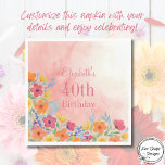 ピンクウォーター花模様40th Birthday スタンダードランチョンナプキン<br><div class="desc">祝スタイルでは、このフローラの誕生日ナプキンパーソナライズされたは、ピンク、黄色、オレンジ色の色調の繊細な水色の野生の花を特徴とする。柔らかい赤面の背景とスクリプトで設計さエレガントれカスタマイズ、このナプキンは誕生日の女の子の名前と年齢と一緒に作ることができ、40歳の誕生日やマイルストーンのお祝いに最適。調整水の色の誕生日コレクションの一部は、このナプキンはあなたのパーティー装飾に美フェミニンしいtouchを追加する。ガーデンパーティー、春の誕生日、またはフローラ優雅さを愛するすべての人に理想的。</div>
