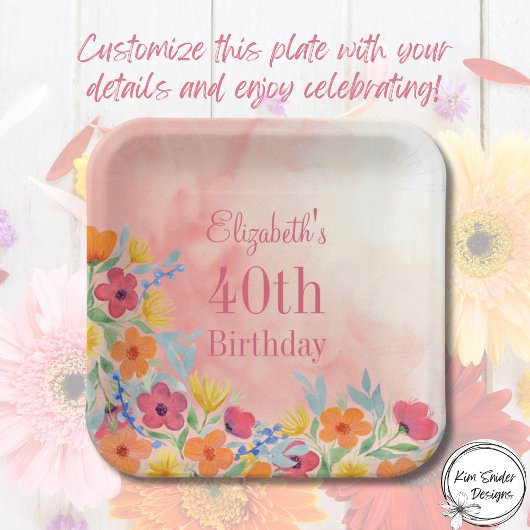 ピンクウォーター花模様40th Birthday ペーパープレート
