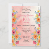 ピンクウォーター花模様40th Birthday 招待状 (正面)