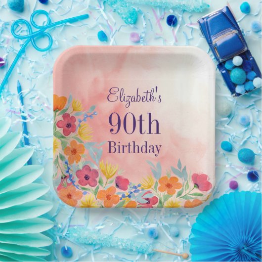 ピンクウォーター花模様90誕生日 ペーパープレート (パーティー)