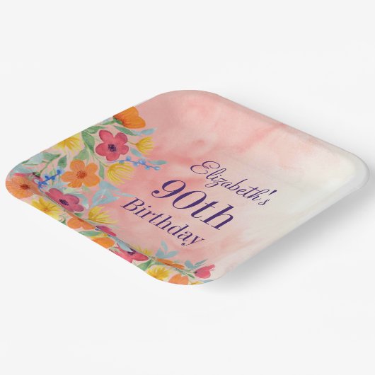ピンクウォーター花模様90誕生日 ペーパープレート (傾斜あり)