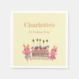 ピンクウサギいちごケーキ子供の誕生日イエロー スタンダードカクテルナプキン