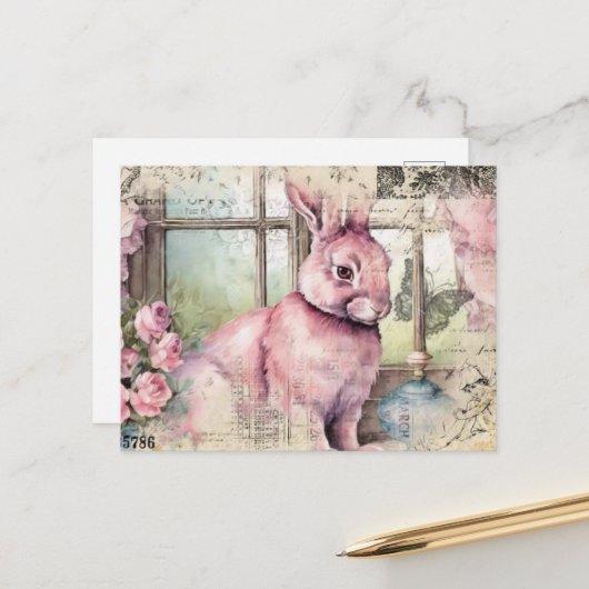 ピンクウサギヴィンテージコラージュ ポストカード (正面/裏面インサイチュ)