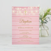 ピンクウッドストリングライトバプテスマ《キリスト教》洗礼式や命名式 招待状 (スタンド正面)