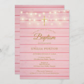ピンクウッドストリングライトバプテスマ《キリスト教》洗礼式や命名式 招待状 (正面/裏面)