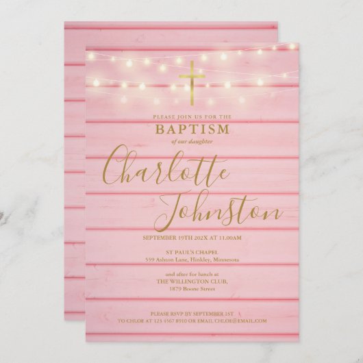 ピンクウッドライトスクリプトバプテスマ《キリスト教》洗礼式や命名式 招待状 (正面/裏面)