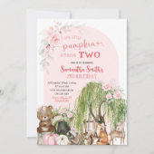 ピンクウッドランドアニマルズリトルカボチャ誕生日 招待状 (正面)