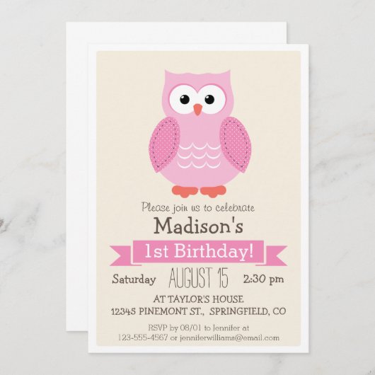 ピンクウッドランドフクロウの女の子の誕生日パーティーへの招待 招待状 (正面/裏面)