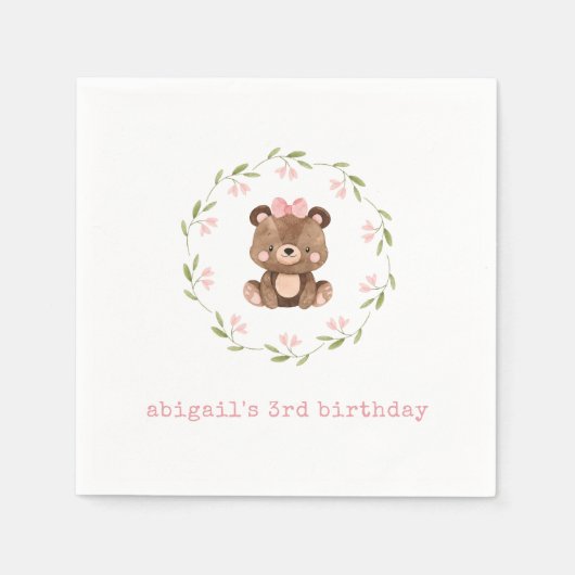 ピンクウッドランドベアフローラユーカリ誕生日 スタンダードカクテルナプキン (正面)