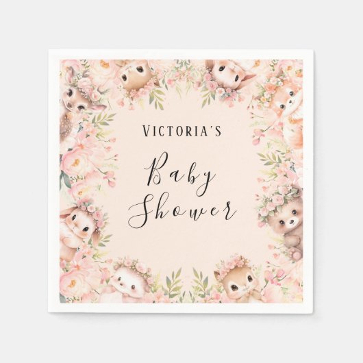 ピンクウッドランド動物パーソナライズされた紙ナプキン スタンダードカクテルナプキン (正面)