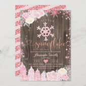 ピンクウッド小さなスノーフレークフローラベビーシャワー 招待状 (正面/裏面)
