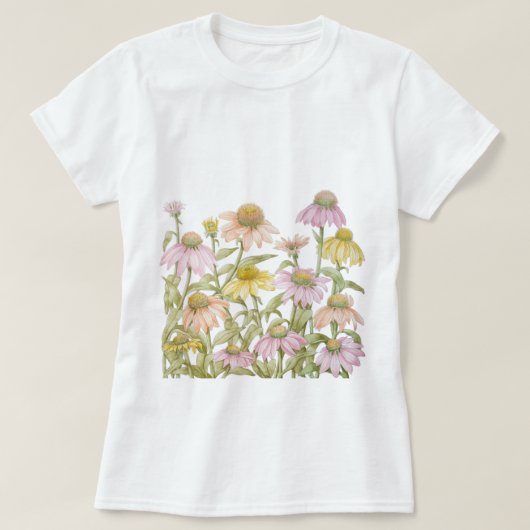 ピンクエキナセアデイジー花の植物画 Tシャツ (デザイン正面)
