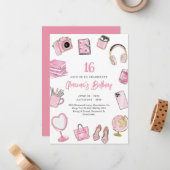 ピンクエステティックピンクガール10代の誕生日招待状 ノートカード (正面/裏面インサイチュ)