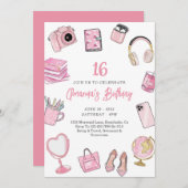 ピンクエステティックピンクガール10代の誕生日招待状 ノートカード (正面/裏面)