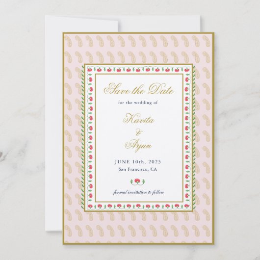 ピンクエスニックフローラフレーム結婚インディアン 招待状 (正面)