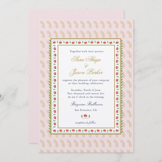ピンクエスニック縁どファーインディアン結婚ズ 招待状 (正面/裏面)