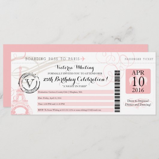 ピンクエッフェルタワーナイトインパリスバースデーパーティー 招待状 (正面/裏面)