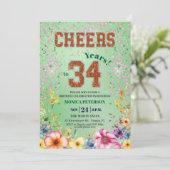 ピンクエメラルドグリッター フローラル 34歳の誕生日パーティー 招待状 (スタンド正面)