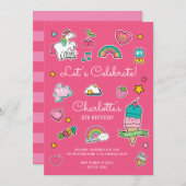 ピンクエモジ誕生日ユニコーンガール 招待状 (正面/裏面)