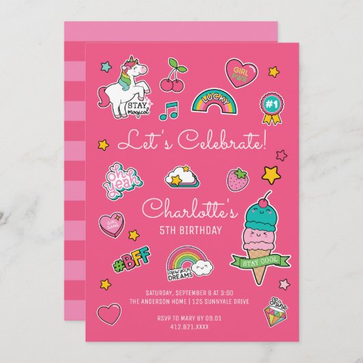 ピンクエモジ誕生日ユニコーンガール 招待状 (正面/裏面)