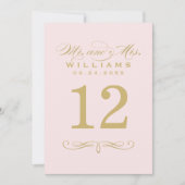 ピンクエレガントおよび金ゴールドス結婚クリプトのテーブル番号 招待状 (正面)