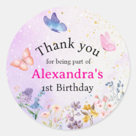 ピンクエレガントお洒落と紫の蝶フローラ ラウンドシール