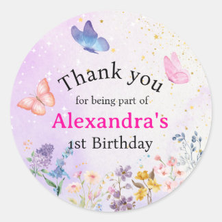 ピンクエレガントお洒落と紫の蝶フローラ ラウンドシール