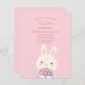ピンクエレガントかわいいウサギ&フラワーガール誕生日 招待状 (正面/裏面)