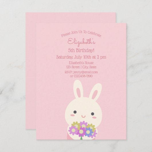 ピンクエレガントかわいいウサギ&フラワーガール誕生日 招待状 (正面/裏面)
