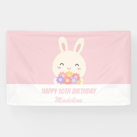 ピンクエレガントかわいいウサギ&フラワーガール誕生日 横断幕 (横)