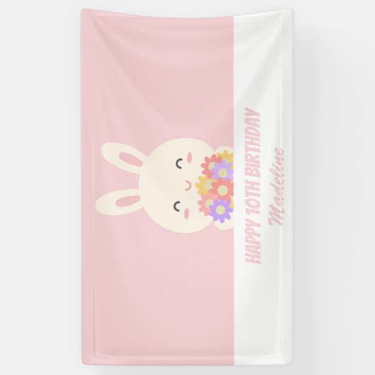 ピンクエレガントかわいいウサギ&フラワーガール誕生日 横断幕 (縦)