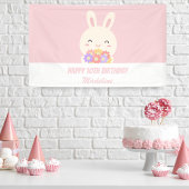 ピンクエレガントかわいいウサギ&フラワーガール誕生日 横断幕