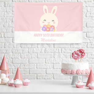 ピンクエレガントかわいいウサギ&フラワーガール誕生日 横断幕