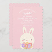 ピンクエレガントかわいいバニー&フラワーガール誕生日 招待状 (正面/裏面)