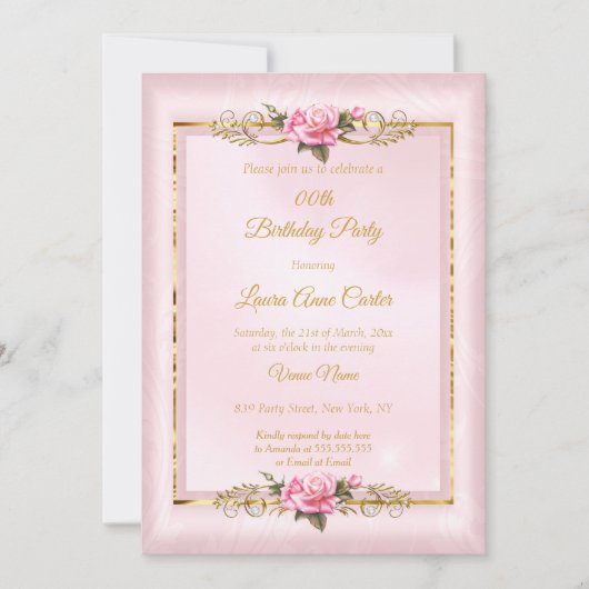 ピンクエレガントかわいらしのローズ金ゴールド写真バースデーパーティー 招待状 (正面)
