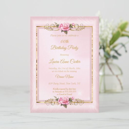 ピンクエレガントかわいらしのローズ金ゴールド写真バースデーパーティー 招待状 (スタンド正面)