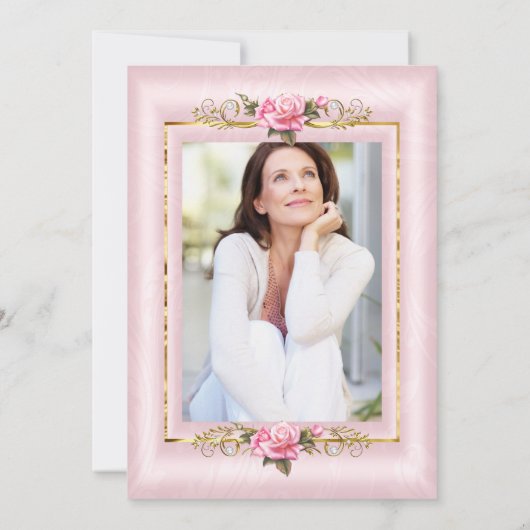 ピンクエレガントかわいらしのローズ金ゴールド写真バースデーパーティー 招待状 (裏面)