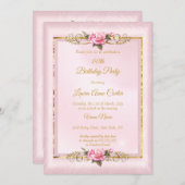 ピンクエレガントかわいらしのローズ金ゴールド写真バースデーパーティー 招待状 (正面/裏面)