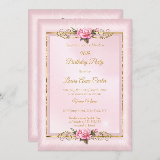 ピンクエレガントかわいらしのローズ金ゴールド写真バースデーパーティー 招待状 (正面/裏面)