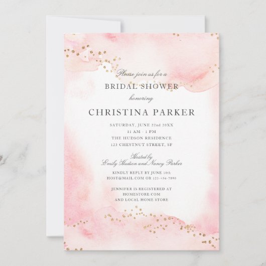 ピンクエレガントかわいらし金ゴールドグリッターブライダルシャワー 招待状 (正面)