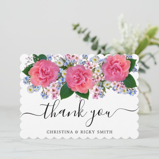 ピンクエレガントがかったオレンジ色のバラの花束結婚の花 サンキューカード (スタンド正面)