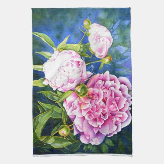 ピンクエレガントがかった白クラシックの水色フローラ キッチンタオル (縦)