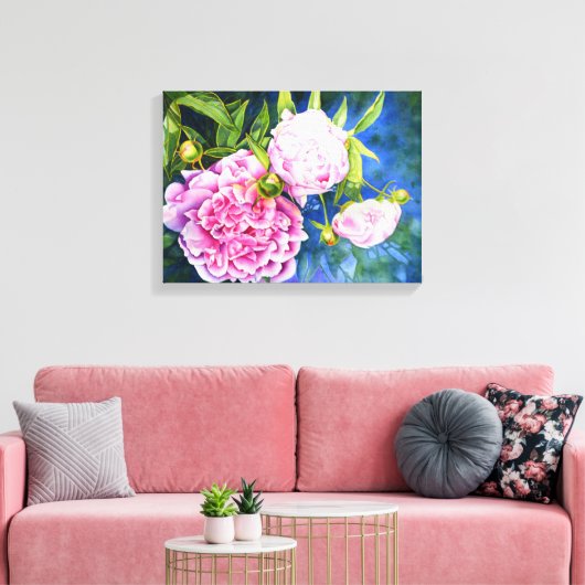 ピンクエレガントがかった白クラシックの水色フローラ キャンバスプリント (インサイチュ (リビング))