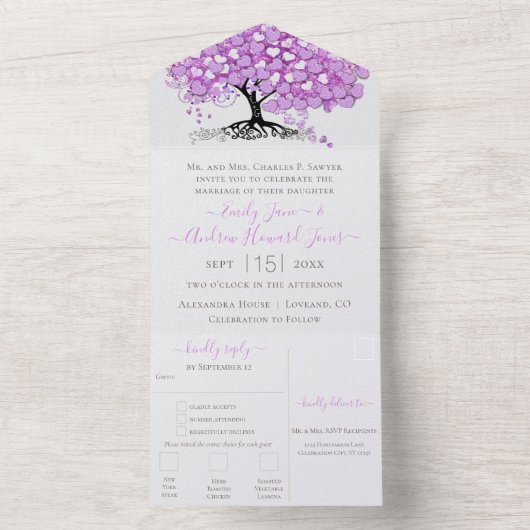 ピンクエレガントがかった紫のハートリーフ結婚の木 オールインワン招待状 (内側)