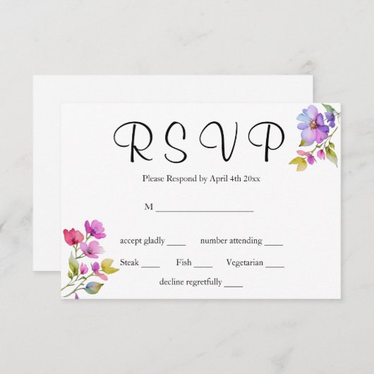 ピンクエレガントがかった紫色の水色の野花 出欠カード (正面/裏面)