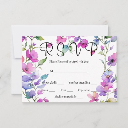 ピンクエレガントがかった紫色の水色の野花 出欠カード (正面)